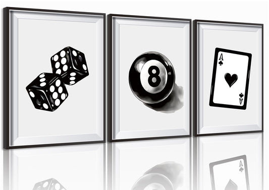 Playing Cards Dice 8 Ball Wall Art Set of 3, Trendy Preppy Y2k 8 Ball Game Room Posters, Vintage Casino Poker Billiards Canvas Prints Wall Decor for Bar Man Cave Bedroom Home Decor 12x16In Unframed
