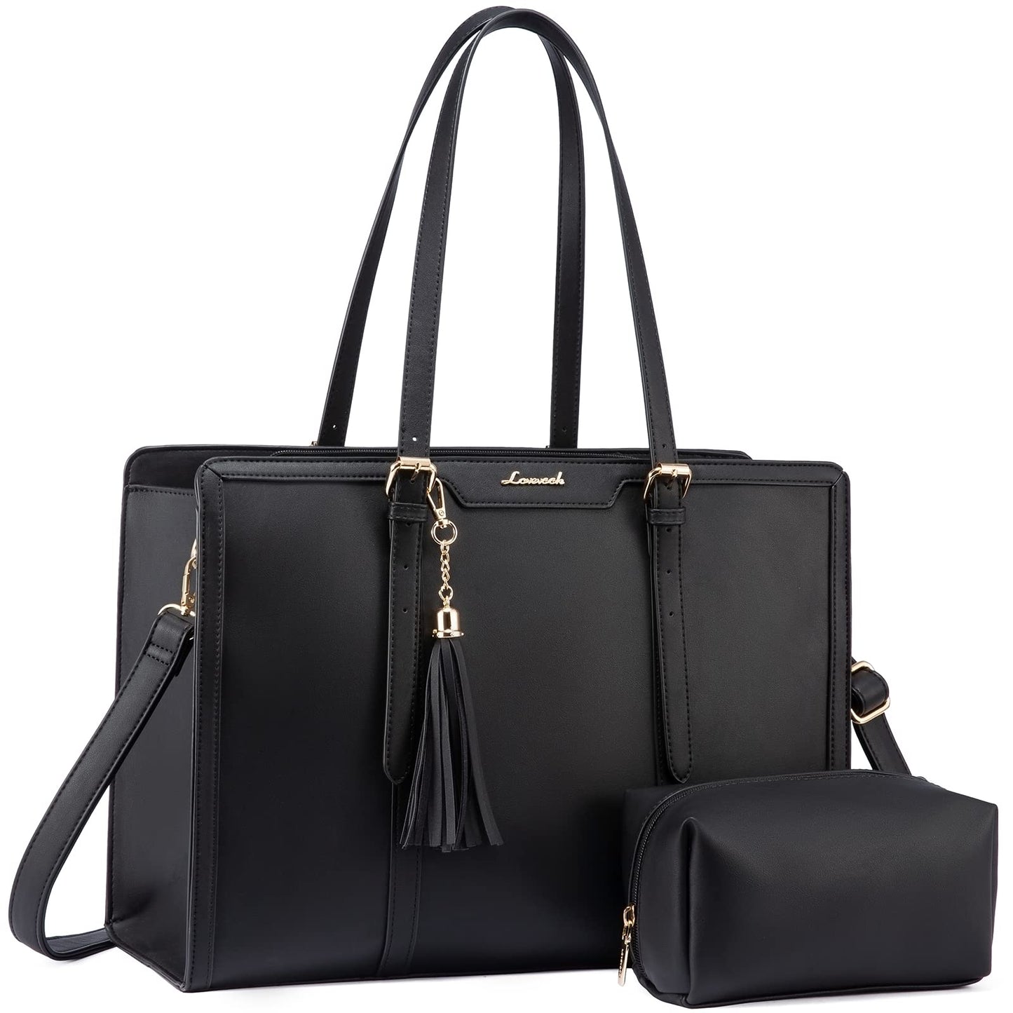 LOVEVOOK Laptop Bag for Women 15.6 inch Lightweight PU Laptop Tote Bag, Large Capacity Computer bag with Clutch Purse for Business, Work, Office, Travel, School,Casual(Black & Leather)