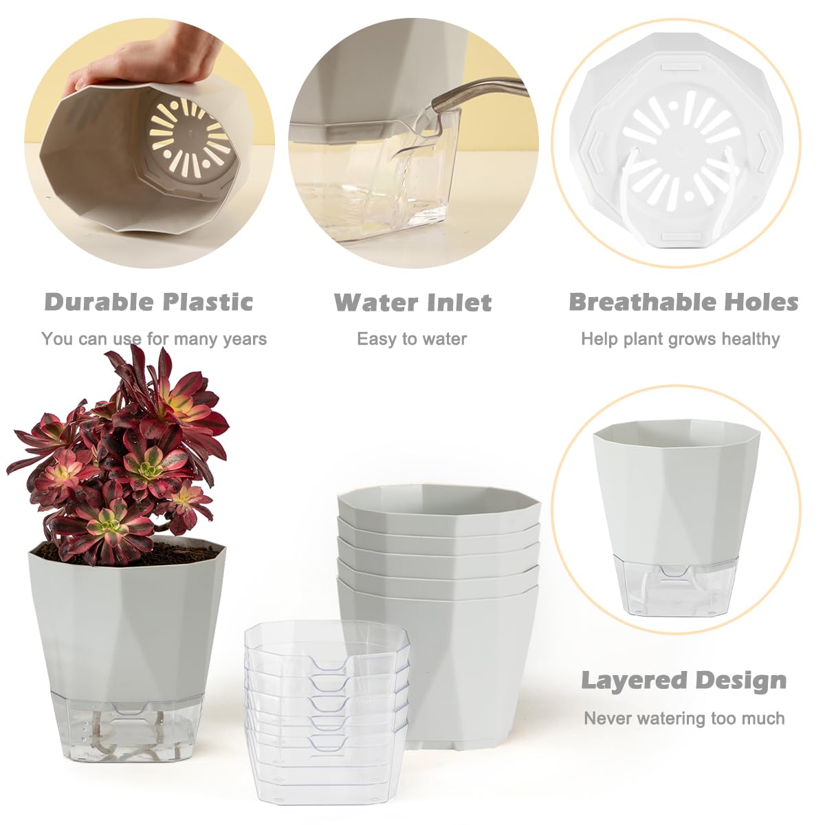 5 Pack Self Watering Plant Pots 5/6.7/8.4 In Self Watering Planters for indoor and Outdoor plants African Violet Self Watering Pots Clear Pots for Plants Herb Orchid Flower Houseplant Pots, Light Grey