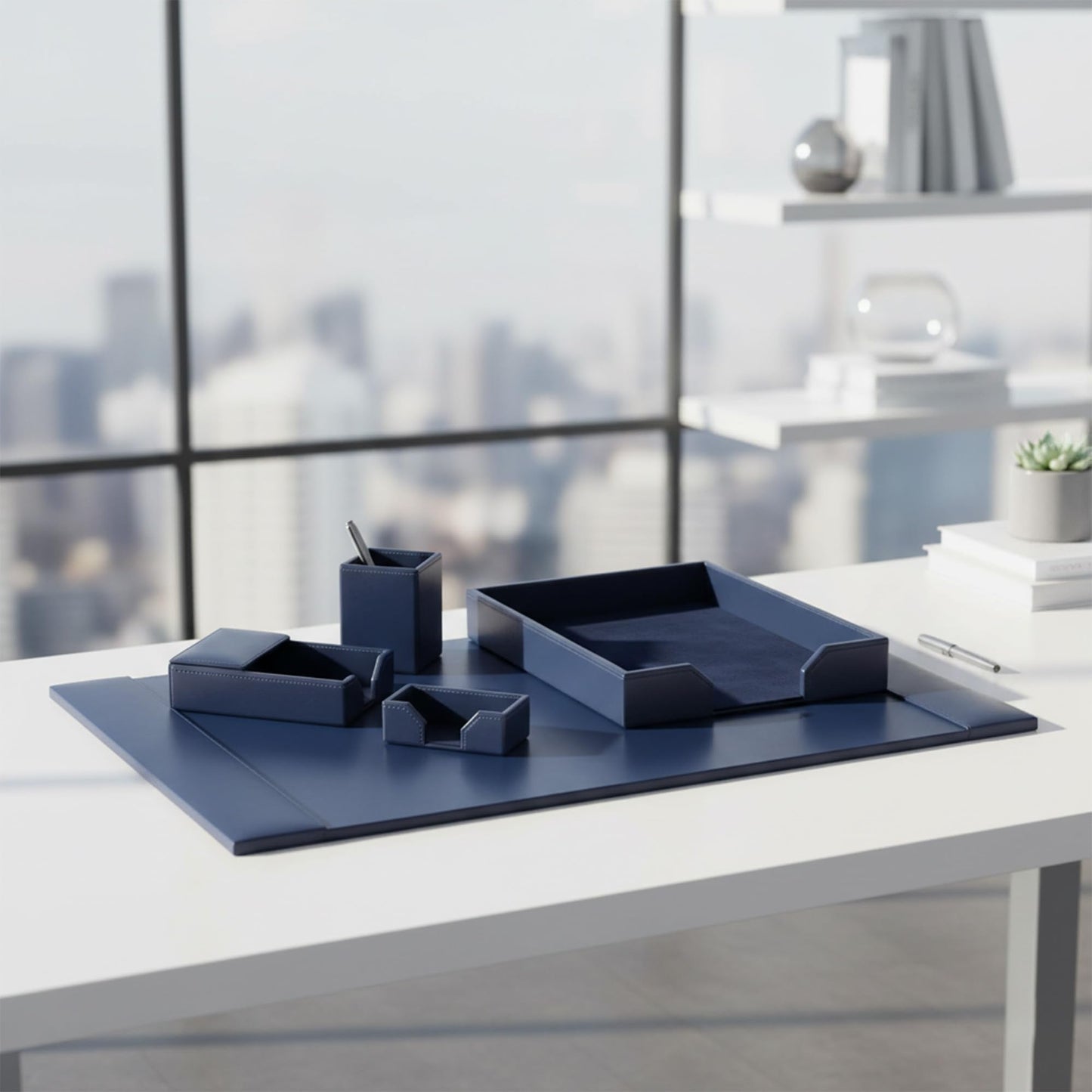 DACASSO Bonded Leather Desk Set - Luxury Leather Desk Pad & Desk Organization Essentials (Navy Blue, 5 Piece)