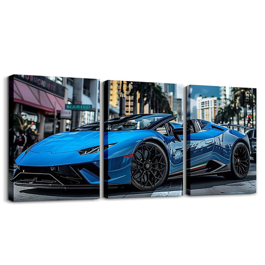 Erosebridal Blue Car Canvas Wall Art Set of 3 Cool Cars Room Decor for Boys Men,Sports Car Pictures Wall Decor for Bedroom Living Room Office,Race Car Posters Prints Car Decorations for Home