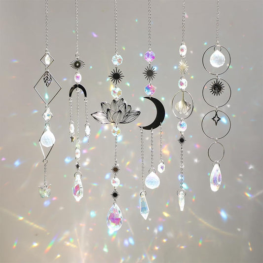 6-Pack Colorful Crystal Sun Catchers - Rainbow Prisms with Silver Moon & Sun Metal Forms, Hanging Decor for Windows, Home, Car Mirrors, Xmas Gifts
