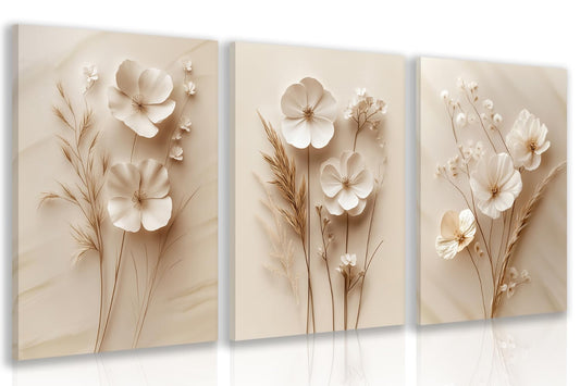 HLXRAE Minimalist Beige Floral Canvas Wall Art, Neutral Farmhouse Wall Decor, Framed Vintage Botanical Poster Prints, Modern Flower Aesthetic Pictures for Bathroom Living Room Bedroom 12"x16"x3