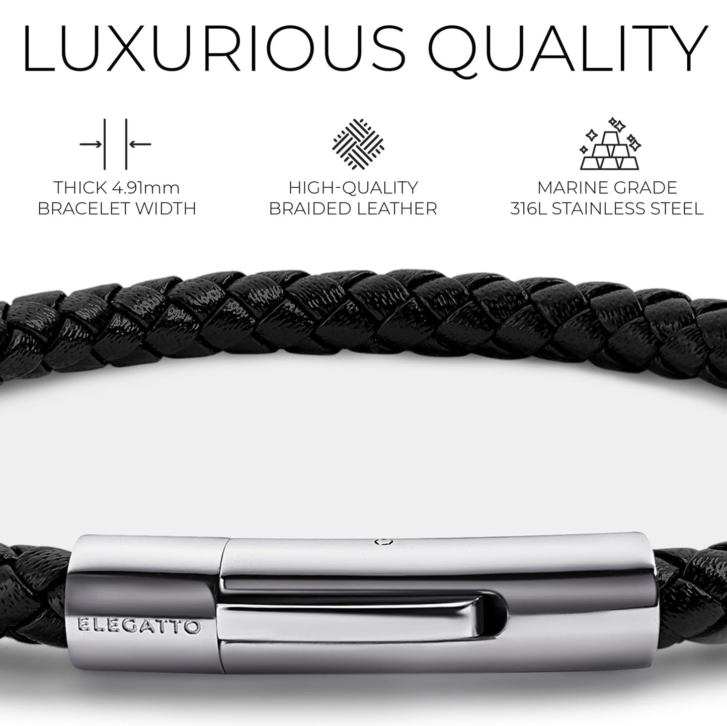 Elegatto Elagio Premium Braided Leather Bracelet for Men | Full-Grain Braided Leather with Sterling Silver Polished Stainless Steel Clasp | Men’s Designer Bracelets | Small