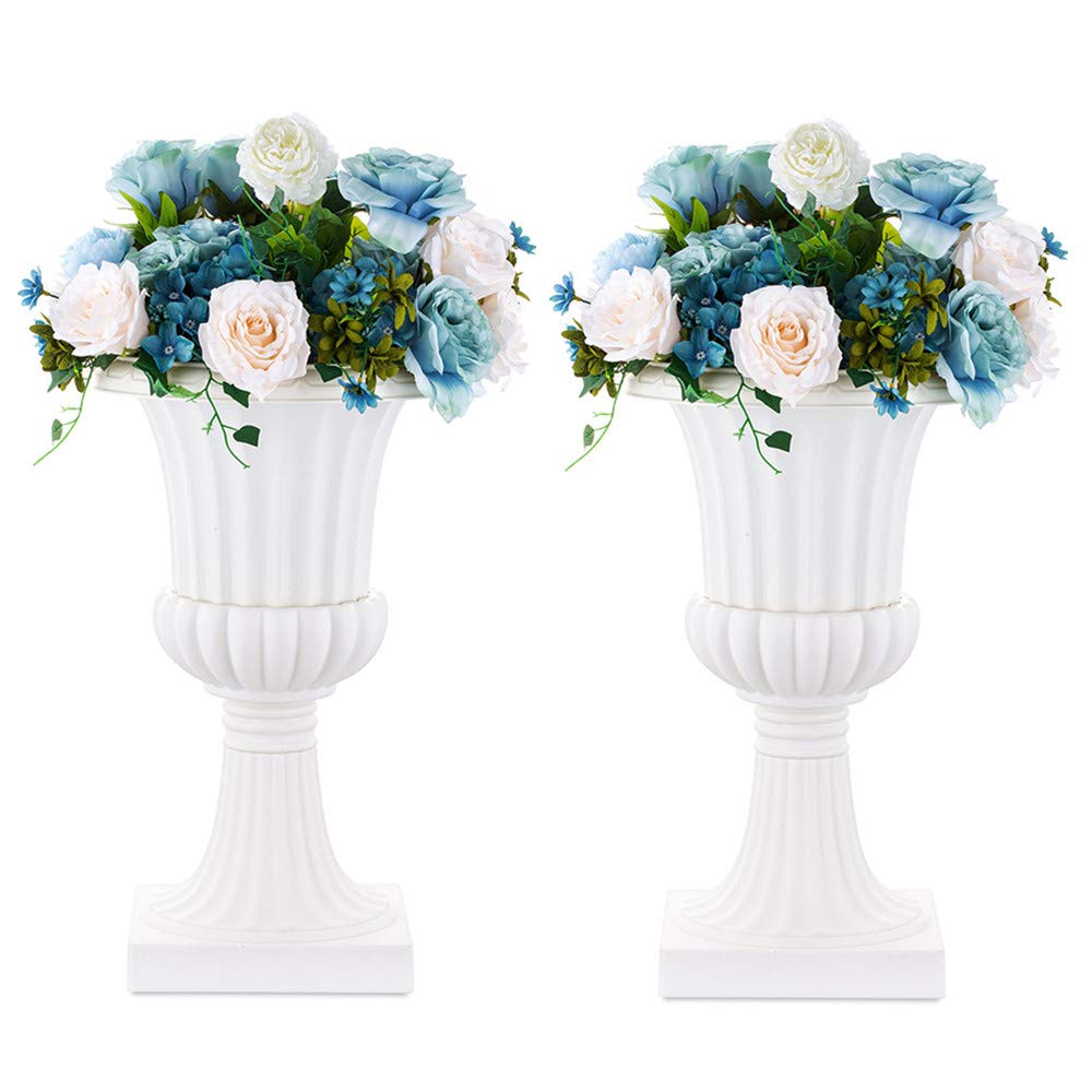 NUPTIO 2 Pcs Classic Urn Planter, 19.7 inch Tall Large Plastic Outdoor Urns Planters, Pedestal Flower vases Plant Pot, Resin Grecian Plants pots for Garden Porch Front Door, White