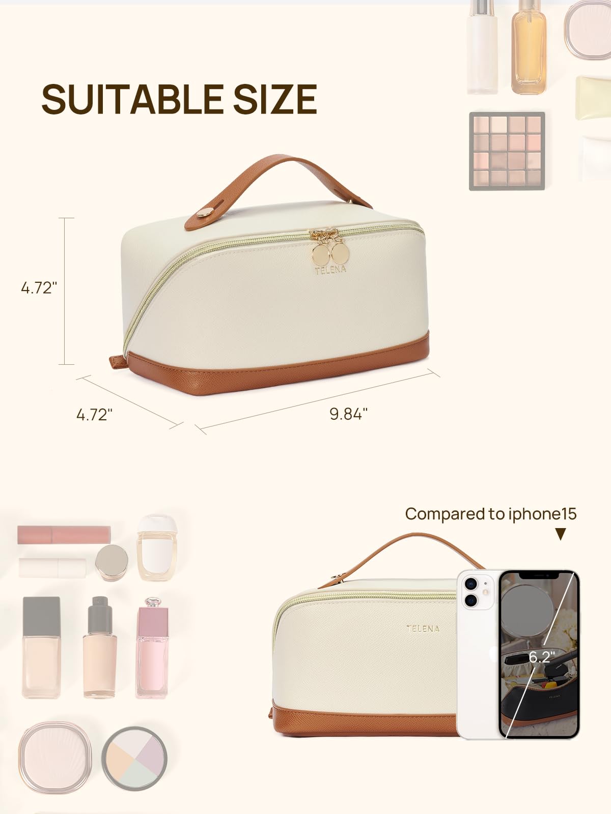 Telena Leather Make Up Bag Portable Travel Makeup Bag Waterproof Cosmetic Bags for Women Large Capacity With Handle and Divider Open Lay Flat