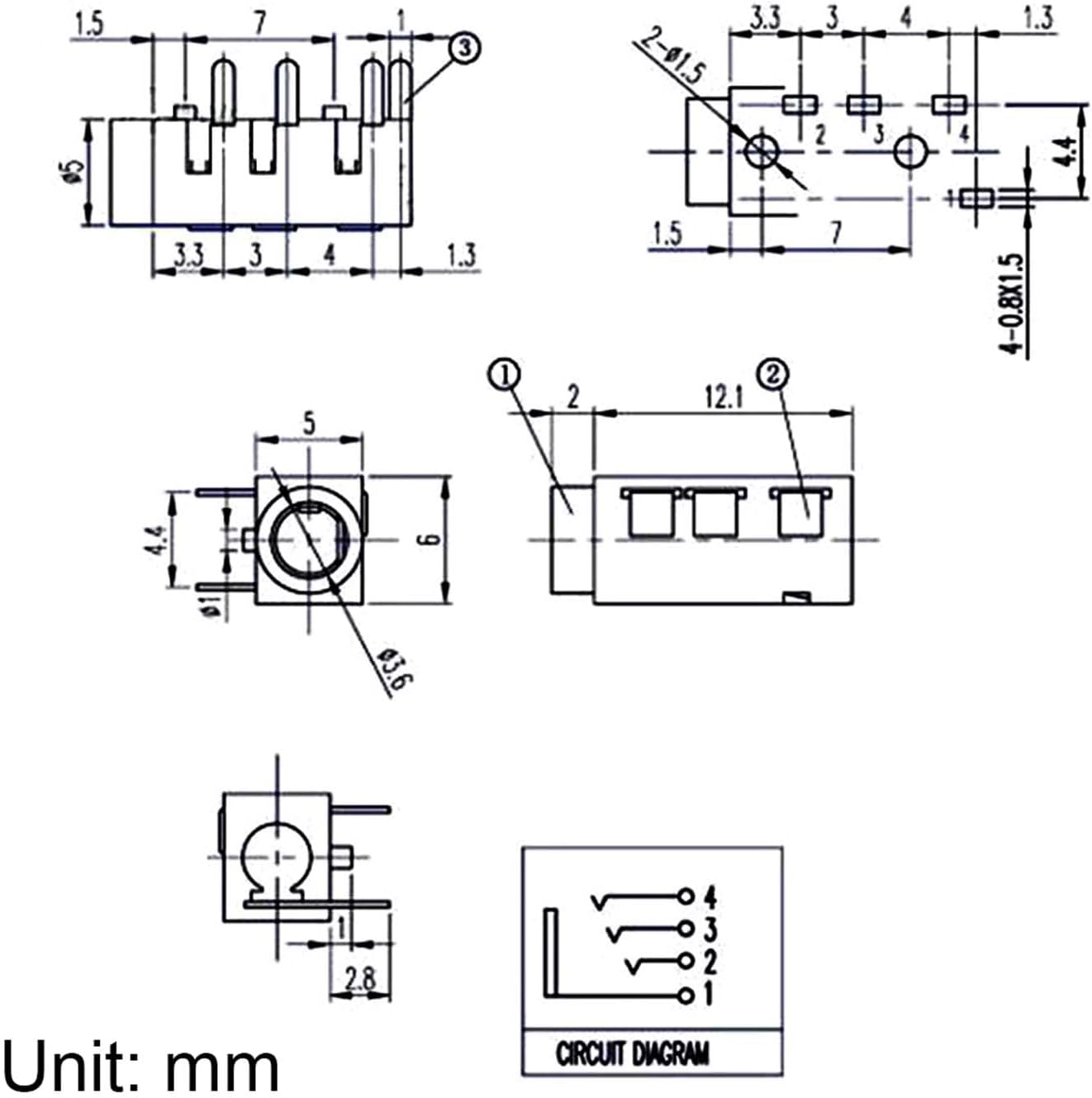 12Pcs 1/8" 3.5mm 4 PJ-320A MP3/MP4 uxcell Stereo Jack Socket, Pin PCB Mount Female Socket Headphone Audio Connector