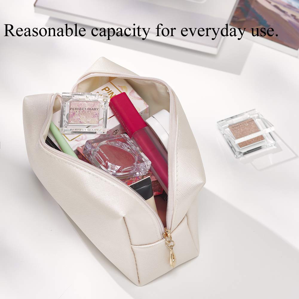 Sohynca PU Leather Cosmetic Bag for Women Minimalism Makeup Bag for Daily Use Portable Storage Purse Small Neat Cosmetic Pouch Water-resistant Toiletry Bag for Travel (Ivory White)