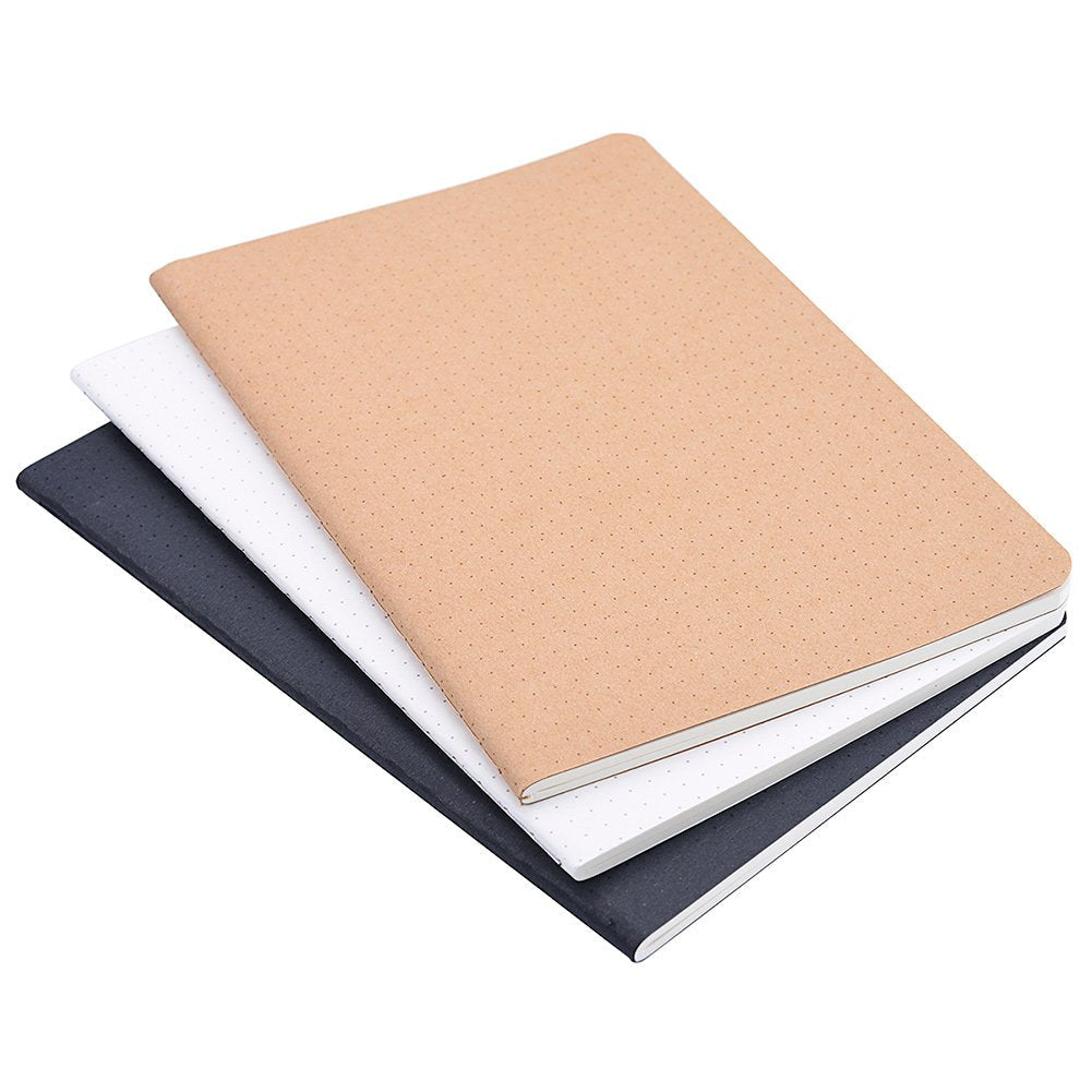 newestor Set of 3 A5 Dotted Notebook/Travel Journal - 5.5 x 8.25 Dot Grid Paper for Bullet Notes Journaling, Total 120 Sheets/240 Pages, Black/White/Kraft Brown Cover
