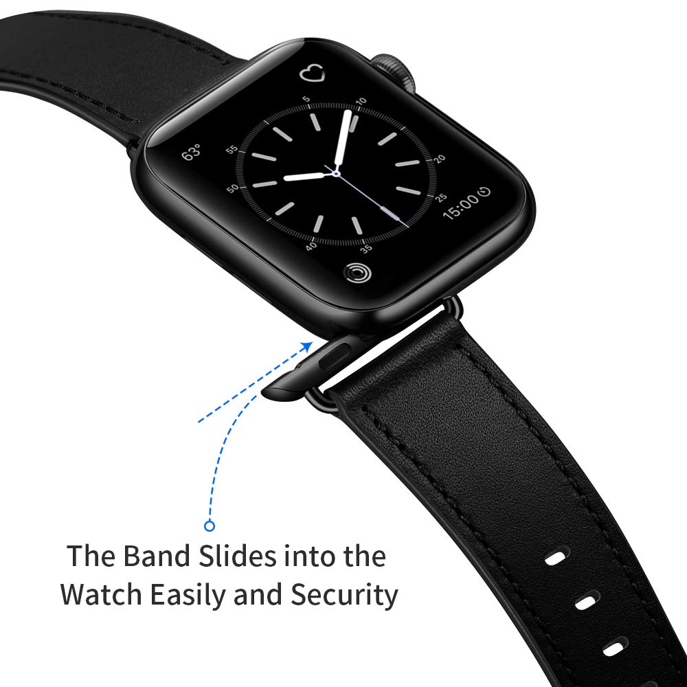 OUHENG Leather Bands Compatible with Apple Watch Band 49mm/46mm/45mm/44mm/42mm, Genuine Leather Strap Compatible with iWatch Ultra 3/2/1 & Series 11/10/9/8/7/6/5/4/3/2/1 & SE3 SE2 SE, Black/Black