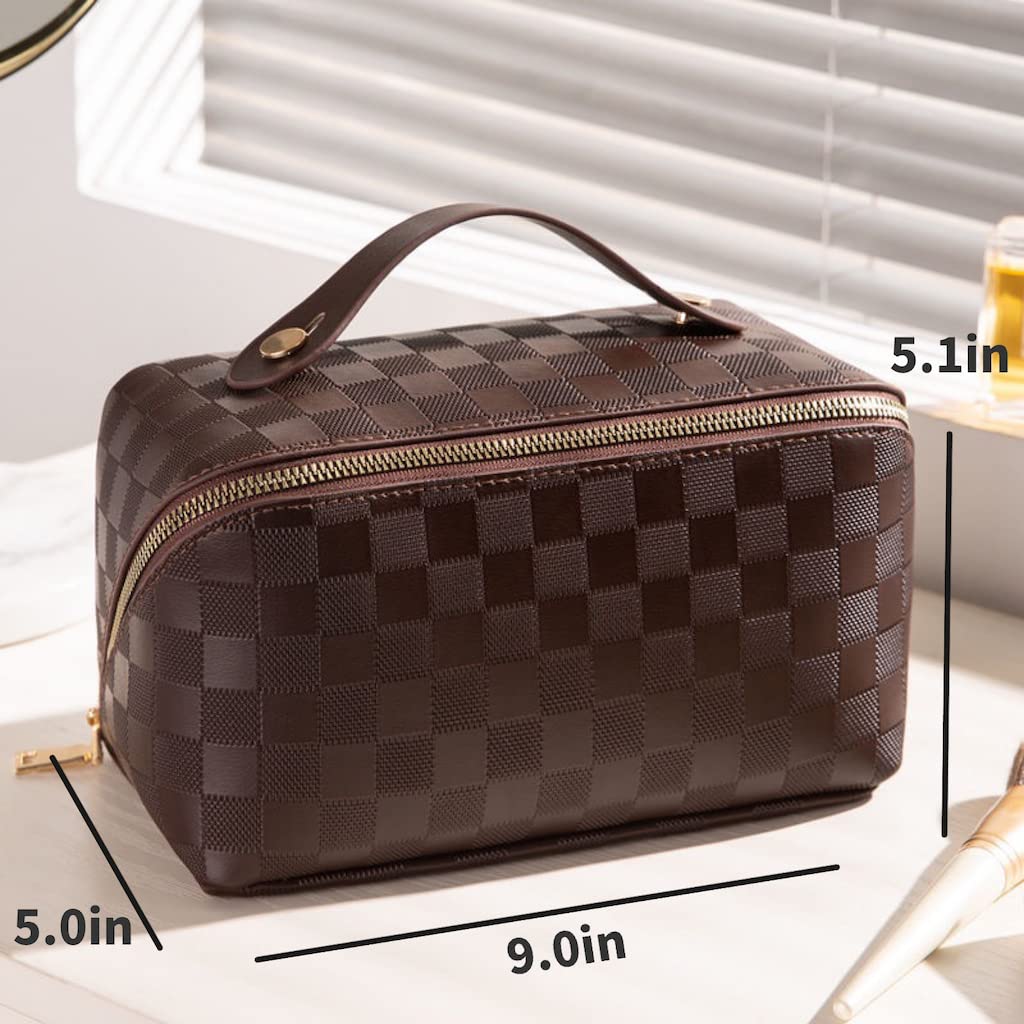 Large Capacity Checkered Makeup Bags Portable Travel Cosmetic Bags Open-Flat Toiletry Waterproof Bag for Women Gift Make up Organizer with Divider and Handle Pouch Zipper Bag (latte-checkered)