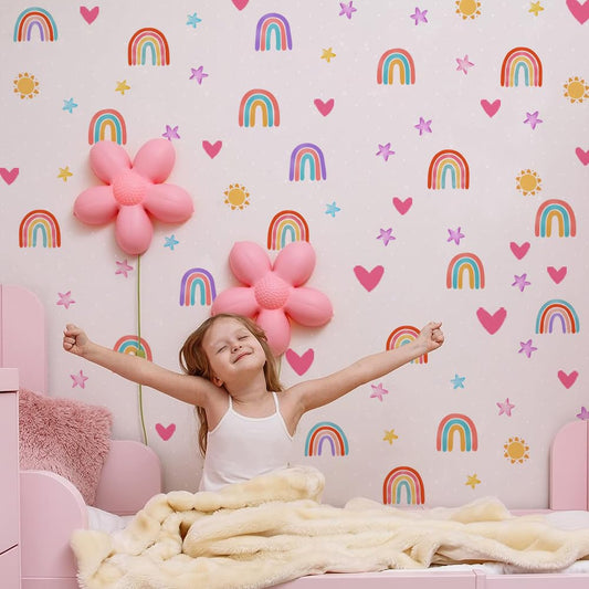 82Pcs Boho Rainbow Wall Decor Stickers Small Rainbow Wall Decal Watercolor Rainbow Heart Sun Star Wall Stickers for Girls Boys Baby Bedroom Nursery Wall Decor