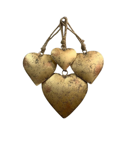 Rustic Metal Heart Wall Decor Set of 4, Antique Gold Finish, Vintage Farmhouse Hanging Art, Country Home Decor for Indoor & Outdoor, Valentine's & Christmas Ornaments, Handcrafted by Indian Artisans