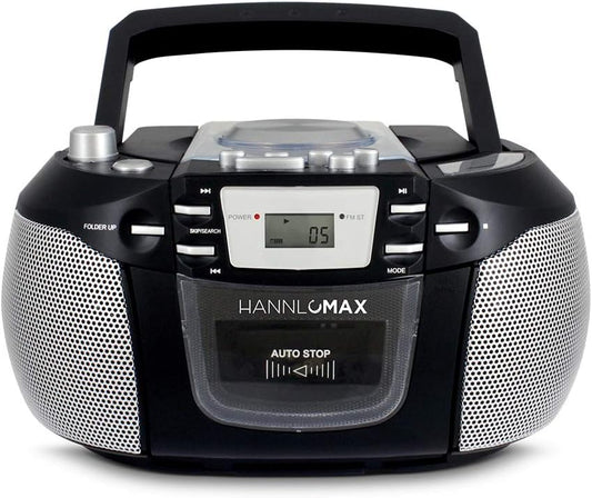 HANNLOMAX HX-301CD CD/MP3 Cassette Boombox, AM/FM Radio, Recorder, Records from CD or Radio, Headphone Jack, LCD