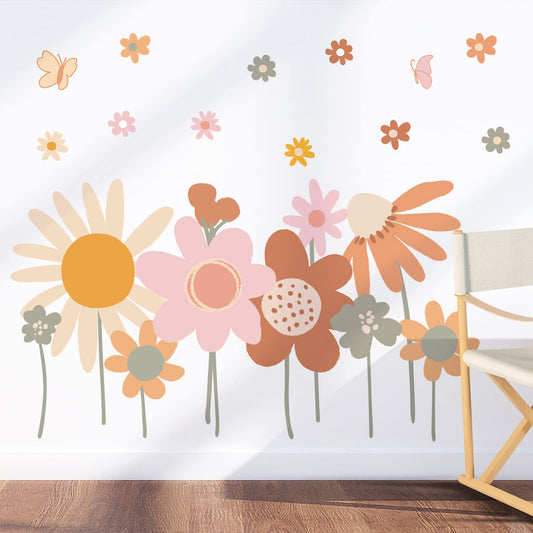 Supzone Boho Flower Wall Stickers Retro Vintage Floral Wall Decals for Bedroom, Living Room, TV, Office Home Decoration