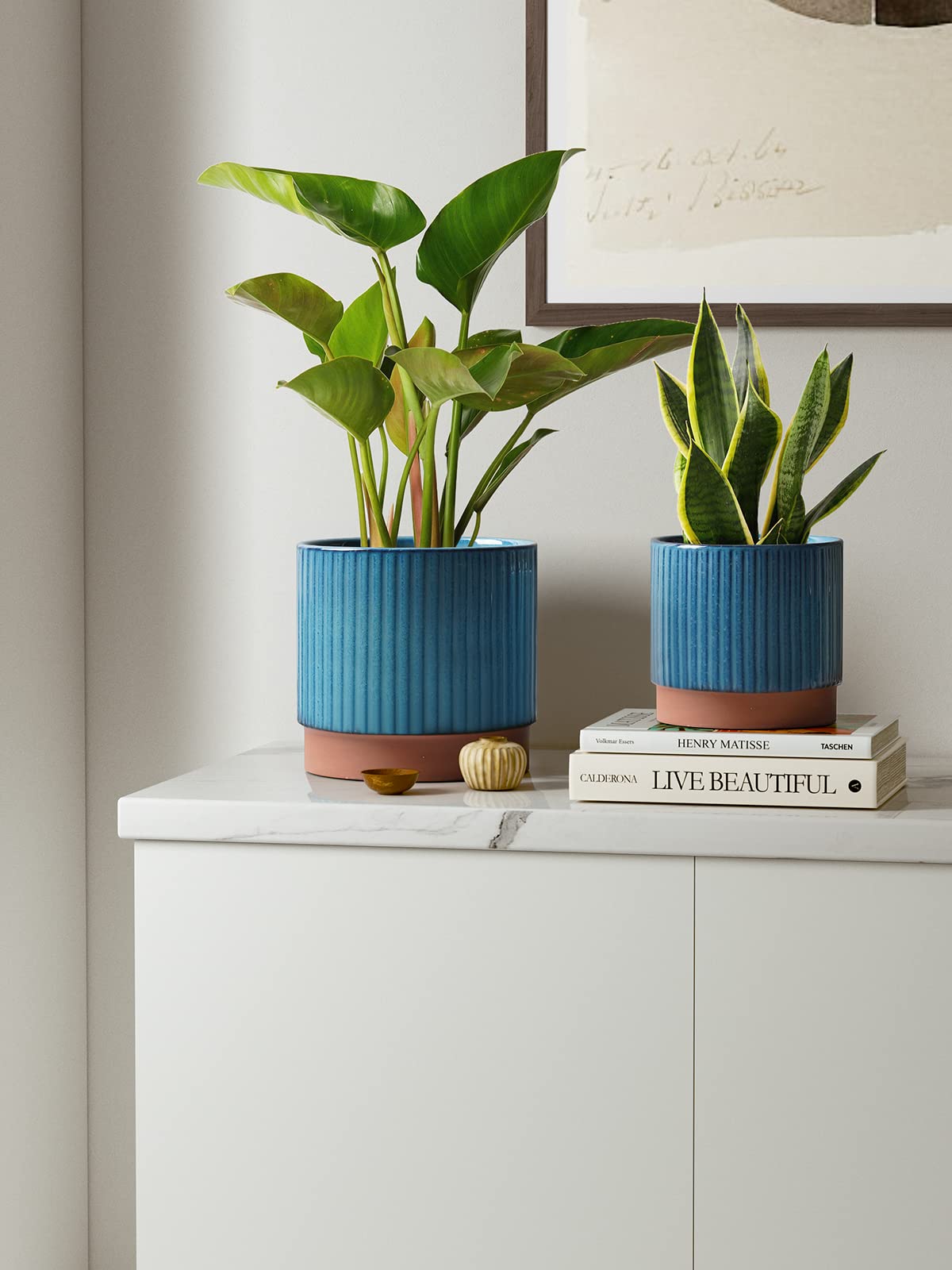 LE TAUCI Ceramic Pots for Plants, 8+6.7+5.5 Inch Plant Pots Indoor, Flower Pot with Drainage Holes, Medium Cylinder Planters for Indoor House Plants, Set of 3, Blue