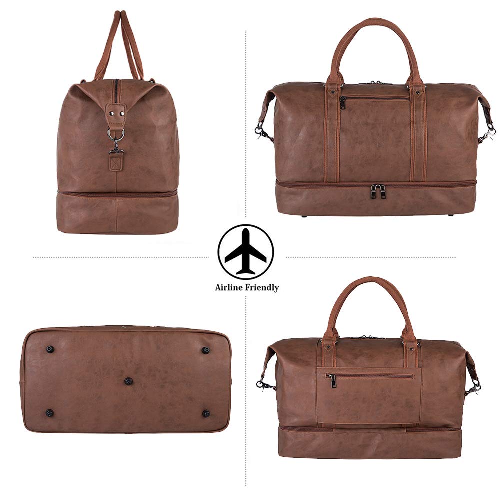 Leather Travel Bag with Shoe Pouch,Weekender Overnight Bag Waterproof PU Leather Large Carry On Bag Travel Tote Duffel Bag for Men or Women-Brown