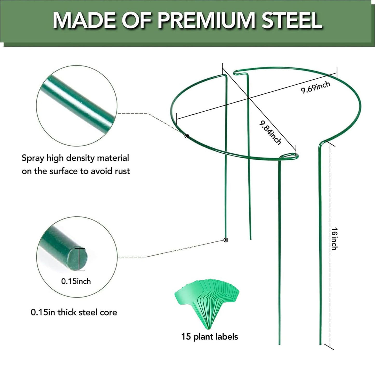 Joyhalo 12 Pack Plant Support Stakes, 16 Inch Plant Stakes for Outdoor Plants, Peony Cages and Supports, Peony Cage with 15 Pcs Twist Ties, Flower Stakes Peonies Support Cages for Plants