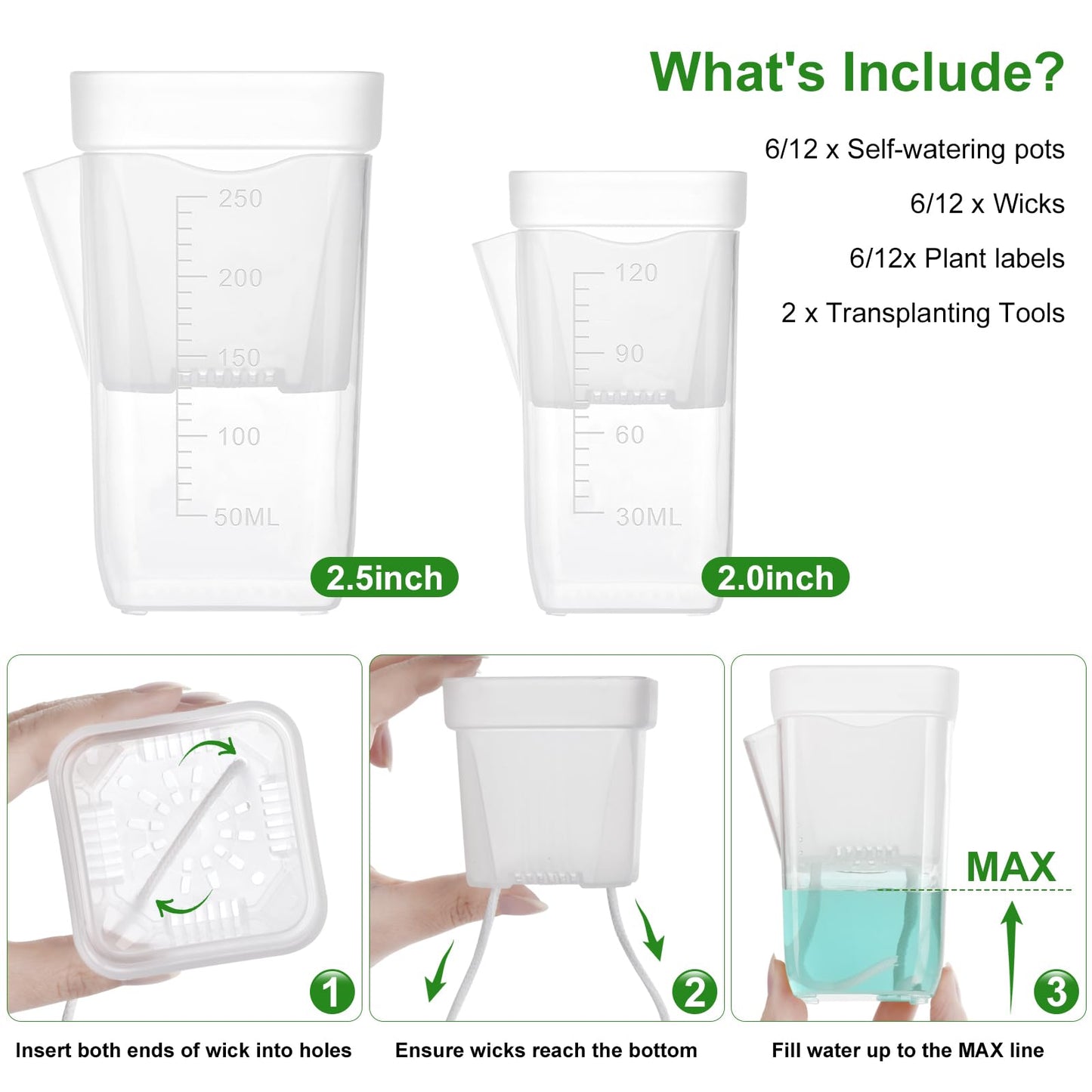 6PCS Mini Self Watering Pots for Indoor Plants - 2" Small Clear Planter with Wicks & Water Level Indicator, Plastic Automatic-Watering Pot for African Violet, Succulent, Alocasia, Hoya, Plant Label