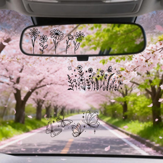 PRESSINART 6Pcs 3 Styles Flower Car Mirror Stickers Butterfly 2 x 4 Inch Black Waterproof for Cars Auto Trucks, Rear View Mirror Vinyl Decal Decorative Accessories for Tumbler Laptop Bottle Decoration