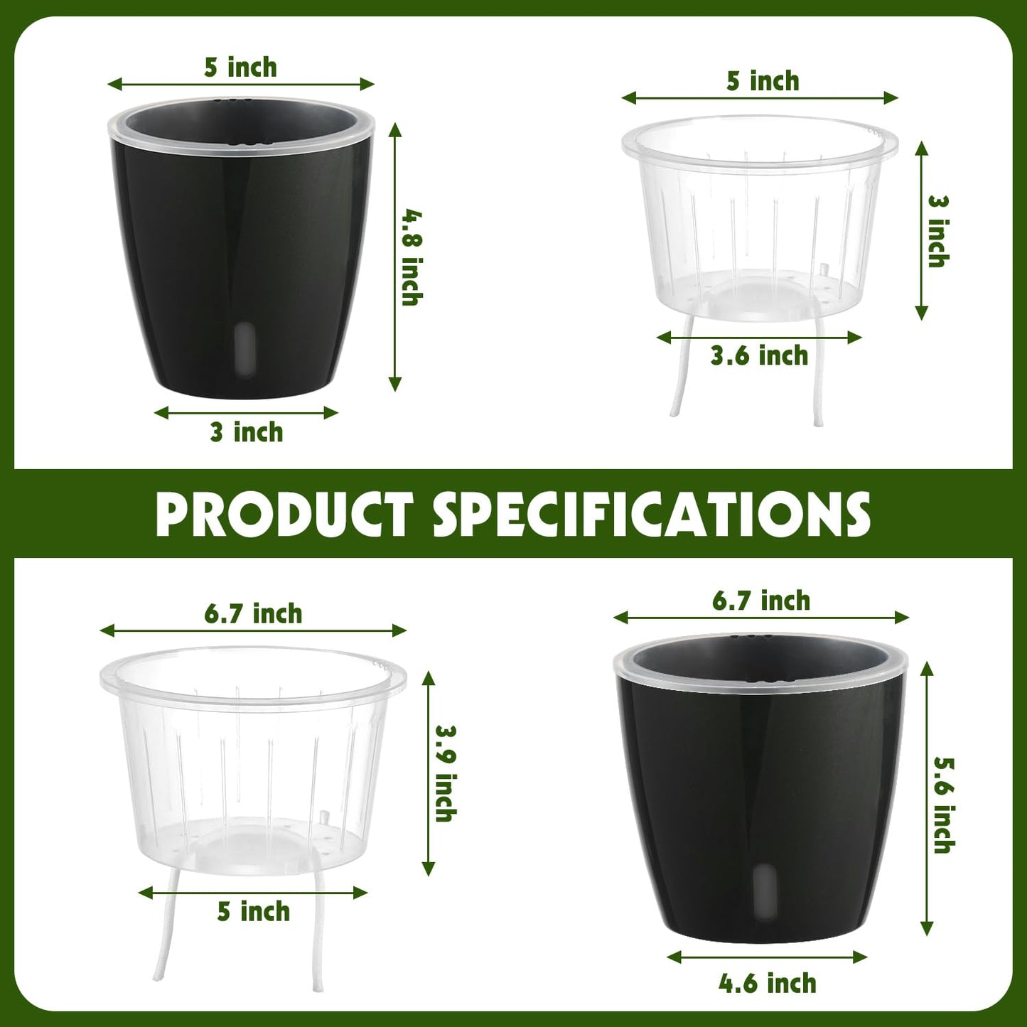 KvyusFlourish Self Watering Pots for Indoor Plants, 8-Pack 5'' Self Watering Planter with Drainage Holes, Small African Violet Pots with Water Level Indicator, Clear Wick Pot, White/Black