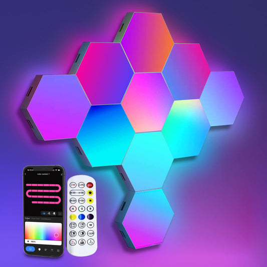 LED Hexagon Lights for Gaming Setup, Smart Home Gaming Wall Lights Work with Alexa Google Assistant, Voice, App & Remote Control, RGB-IC LED Light Panels Music Sync for Game Room Bedroom, 10 Pack