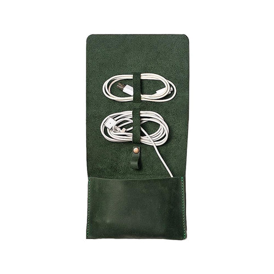 INCARNE Weekend Cable Organizer - Travel Cord Desk Case - TV Kit Cord Bag for Cable Storage - Small Leather Cord Organizer Travel Bag for Electronics Accessories Phone USB Charger (Green)