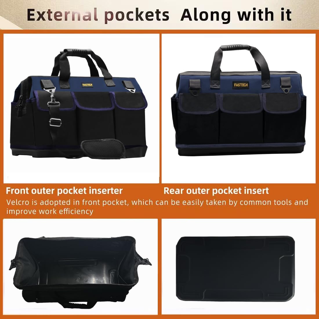 FASTECH 22in Heavy Duty Bottom Tools Bag With Wide Mouth For Tool Storage, Carrier and Organizer, Tote Bag for Men/Women, Wide Mouth Tool Bags With Inside Pockets (22 Inch)