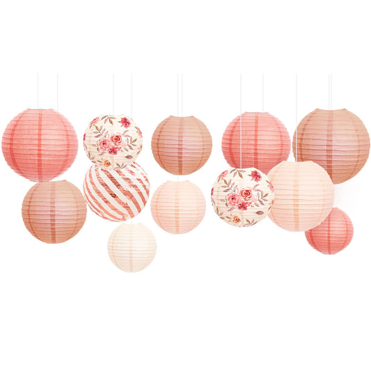 NICROLANDEE Wedding Party Decorations - 12PCS Rose Gold Vintage Floral Paper Lantern Hanging Decorations for Bridal Shower Anniversary Baby Shower Bachelorette Birthday, Valentines Day Party Decor