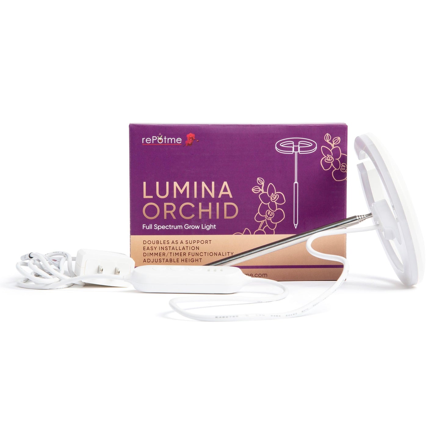 rePotme Grow Light for Orchids, Lumina Orchid, Full Spectrum Plant Light with Adjustable Height and Automatic Timer (White)
