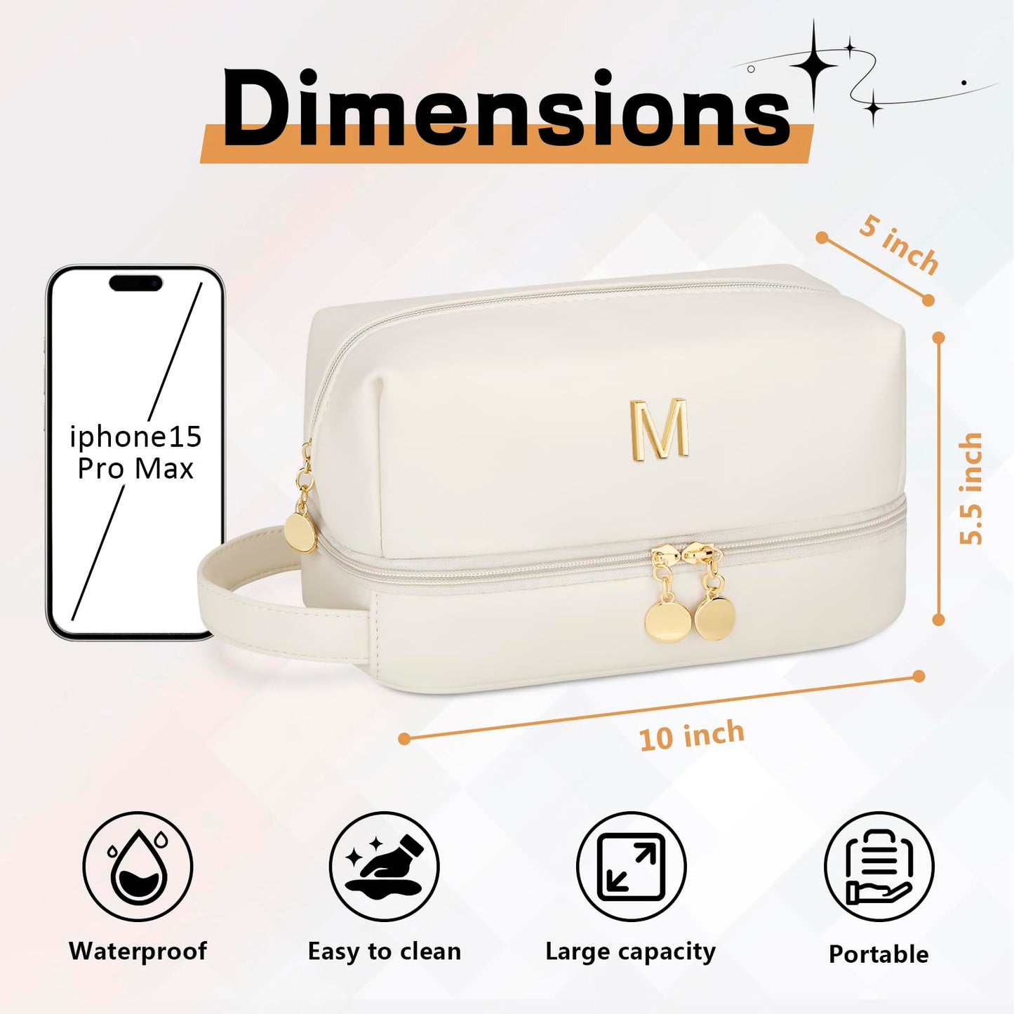 CLOUDWINGS Initial Makeup Bag for Women - Personalized Double Layer Cosmetic Bags with Makeup Brush Organizer, Hanging Travel Toiletry Bag with Large Capacity, Gifts for Mom Girlfriend Wife（Beige M）
