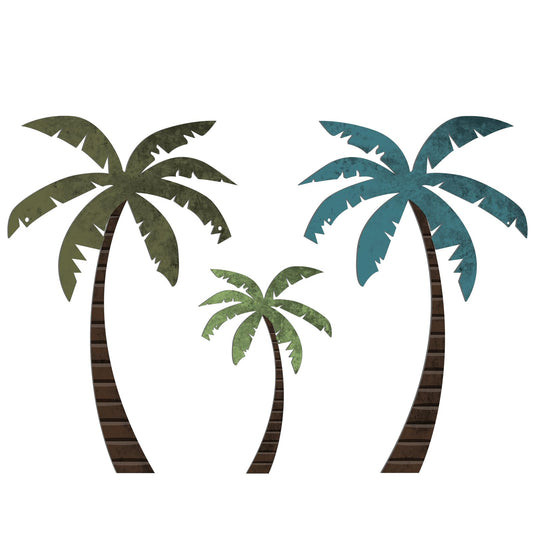 CroBlissful 3 Pcs Tropical Beach Hawaiian Metal Palm Tree Wall Art Rustic Palm Tree Leaves Metal Wall Decor Vintage Tropical Plant Plaque for Home Bathroom Office