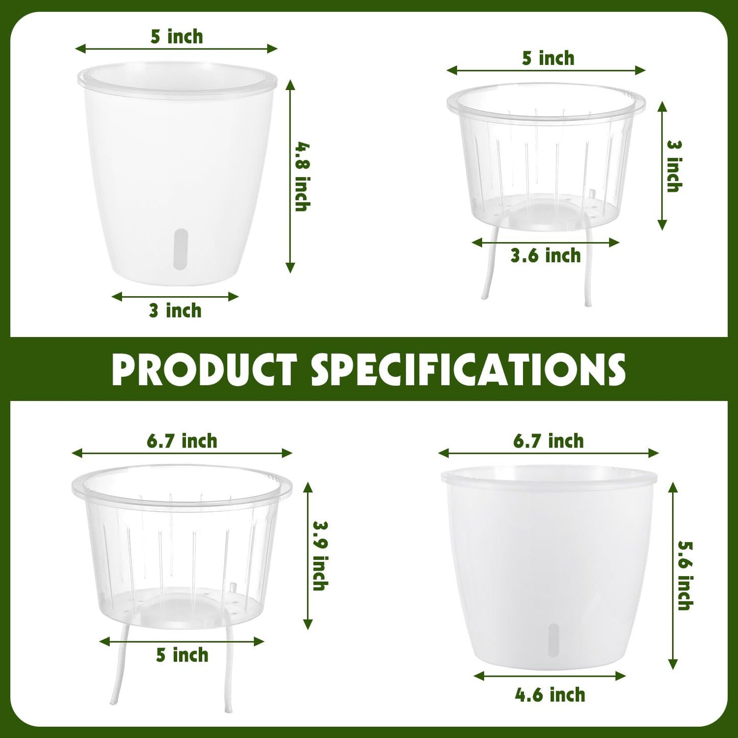 KvyusFlourish 8-Pack 5 Inch Self Watering Pots, Indoor Planter with Indicator, Transparent Wick Pot for Orchids, Small African Violet Pot, for Plants