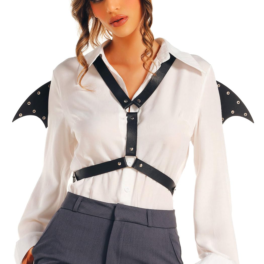 BODIY Leather Waist Chain with Back Wings Gothic Black Chest Belts Bat Pu Body Accessories for Women