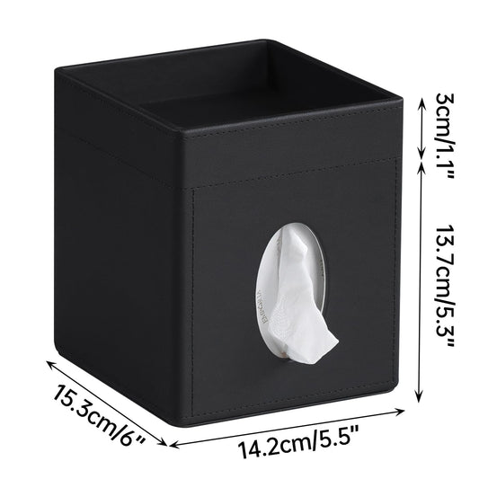 Cretkhp Tissue Box Cover, PU Leather Square Tissue Box Holder with Storage Tray for Bathroom Vanity Countertop Night Stands Bedroom Office Desk, Stylish Tissue Holder Decorative Organizer (Black)