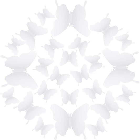 BBTO 48 Pieces Butterfly Wall Decor DIY 3D Mirror Butterfly Stickers Removable Decals Crafts for Birthday Party Bedroom School Bathroom Living Room Decor(White)