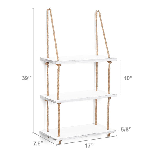 Mkono Hanging Shelves 3 Tier White Wood Wall Mount Floating Shelf with Rope Boho Decor for Living Room Bathroom Bedroom Kitchen Apartment - Rustic Wood Decorative Storage Shelf