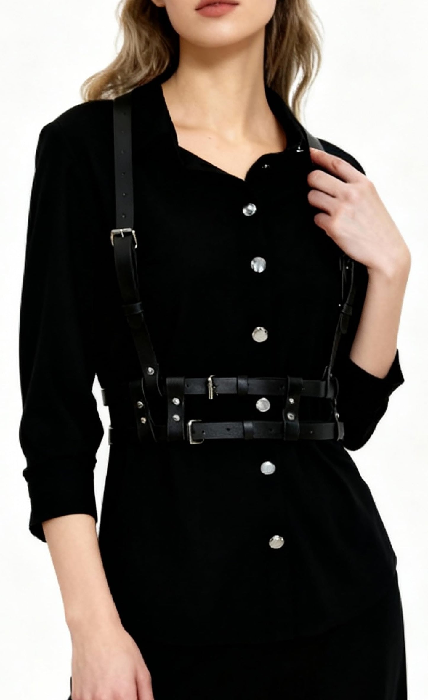 Women Adjustable Faux Leather Harness Belt Punk Fashion Waist Belt with Alloy Buckles Layered Outfit for Dresses Shirts Blazers Street(Waist 39.4-48in)
