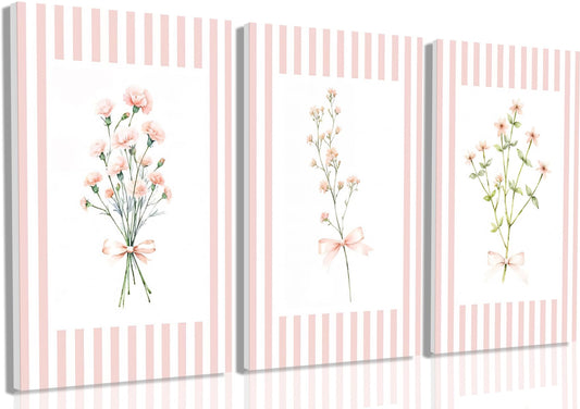 Trendy Pink Floral Wall Art Set of 3, Preppy Canvas Prints with Bow and Stripe Border Cute Aesthetic Botanical Wall Decor Artwork for Bedroom Bathroom Home Decor Girl Dorm Room,12x16 in Framed