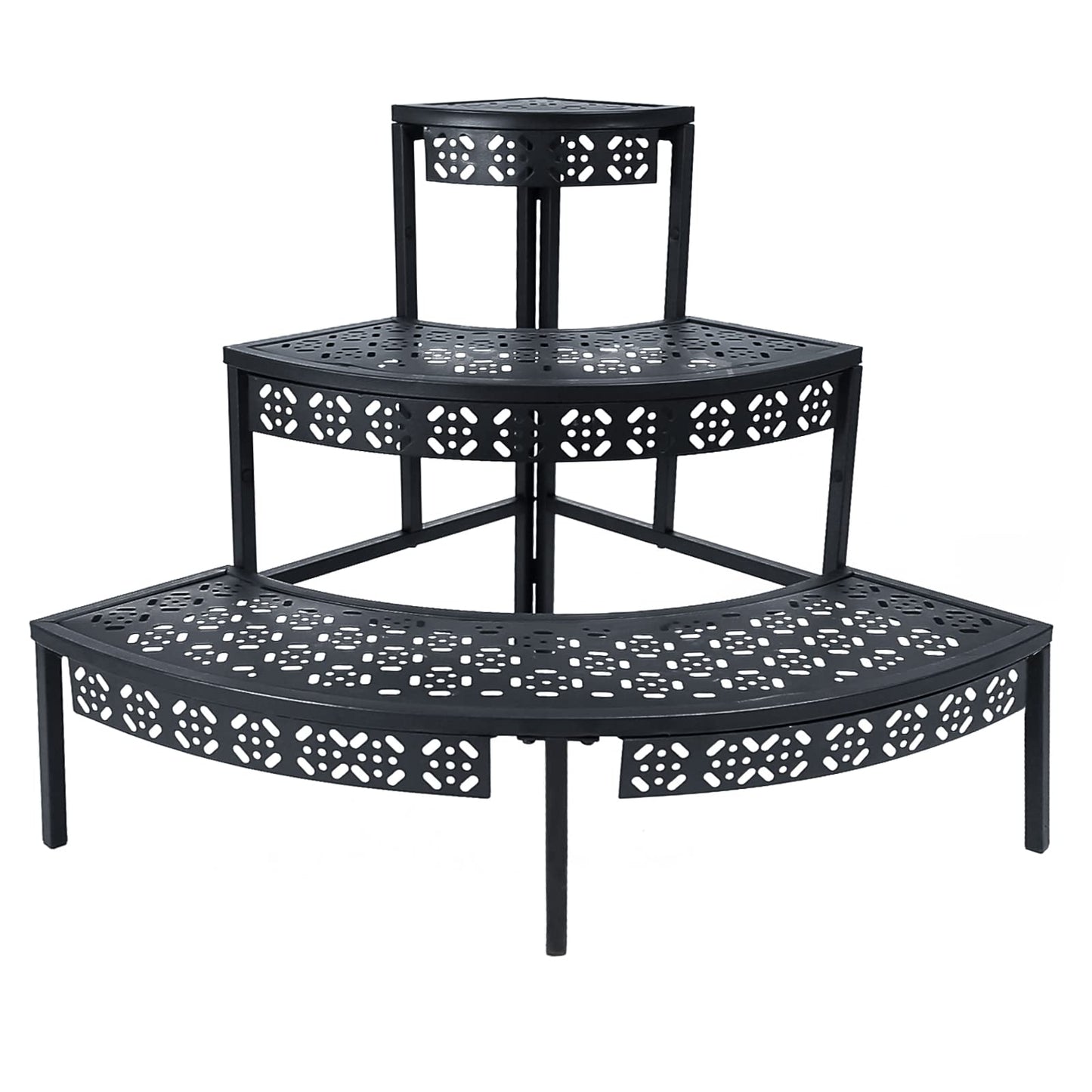 aboxoo 3 Tier Plant Stand Flower Pot Rack, Metal Stair-Step Style Corner Shelf Planters, Quarter Round Display Holder for Indoor Outdoor Use(Black, Semicircle)