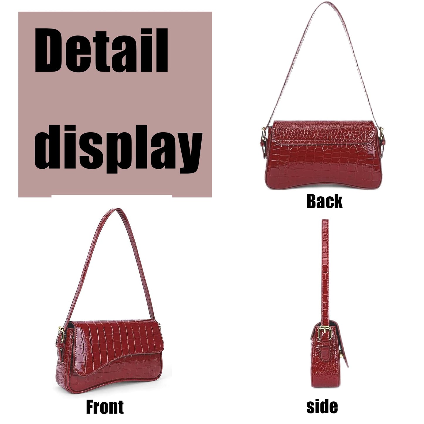Women's Small Shoulder Bag Clutch Y2KPurse Handbag PU Leather Tote Bag with 2 Removable Straps and Zipper Closure Crossbody Bags (Crocodile red)