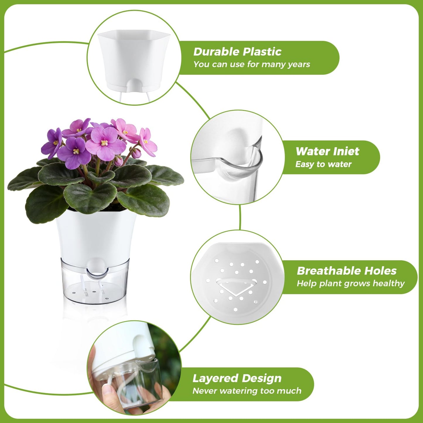 6-Pack 6" Clear Self Watering Pots for Indoor Plants Large Hexagon Self-Watering Planters Orchid Pots Plastic Wick Flower Plant Pots for African Violet, Spider, Herbs, Home Decor, White and Clear