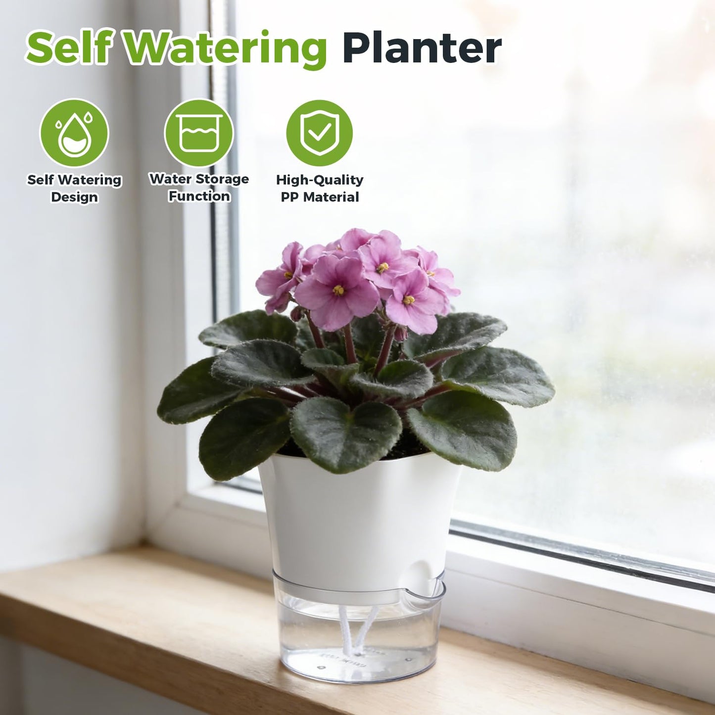 6-Pack 6" Clear Self Watering Pots for Indoor Plants Large Hexagon Self-Watering Planters Orchid Pots Plastic Wick Flower Plant Pots for African Violet, Spider, Herbs, Home Decor, White and Clear