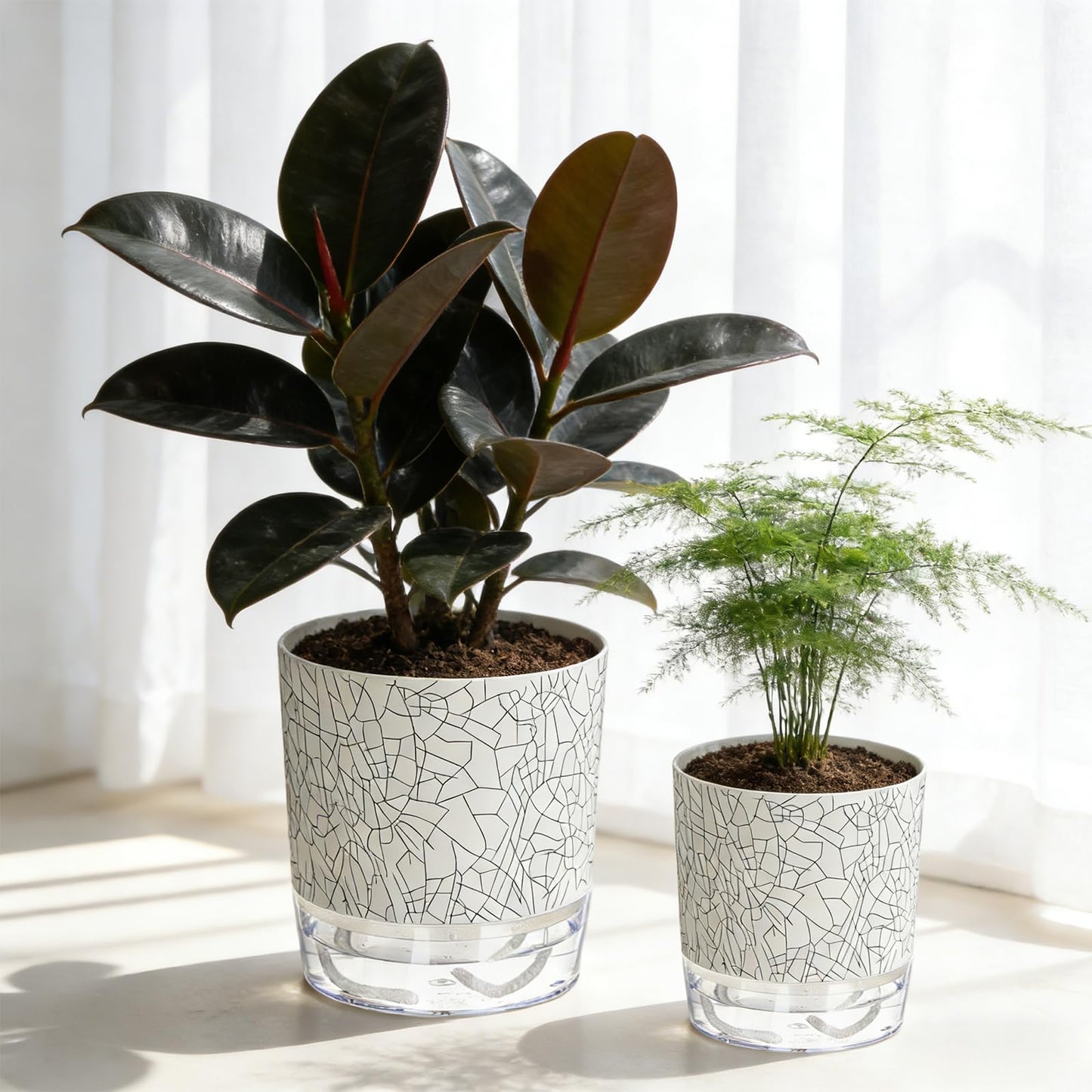 Samhe 6 Pack Self Watering Pots for Indoor Plants, 4+5.5+6.3 Inch Self Watering Plant Pots Set, Flower Pots with Wick Rope and Reservoir for African Violet, Spider Plant, Orchid - Crack Texture