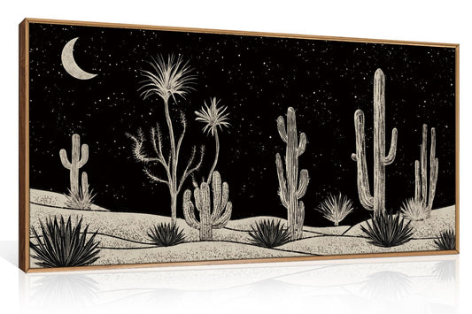 DRACIT Desert Night Cactus Framed Canvas Wall Art Set,Southwestern Black and White Landscape Wall Decor,Rustic Wooden Mid Century Boho Moon Artwork for Living Room,Bedroom-20 x40