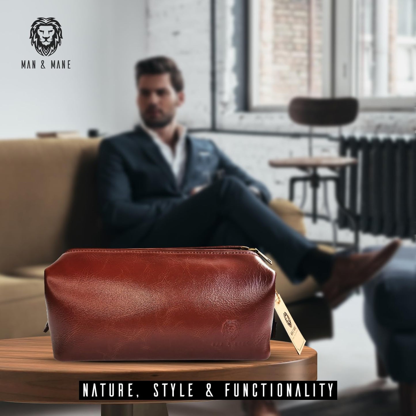 MAN & MANE Premium Leather Toiletry Bag for Men & Women – Classic Dopp Kit Travel Shaving Bag (Cognac Brown)