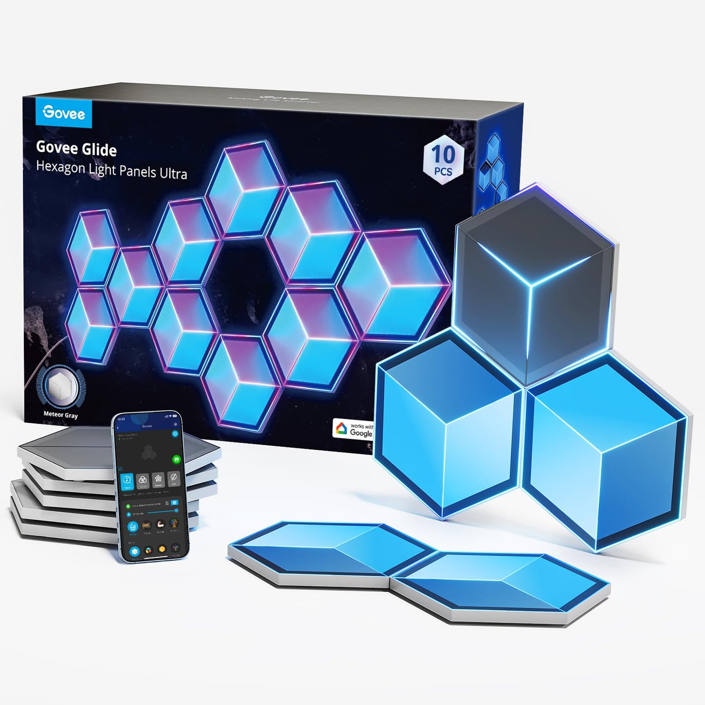Govee Glide Hexagon Light Panels Ultra, RGBIC 3D Wall Lights with DIY Program, 60 Scenes and 129 Lamp Beads, Upgraded Gaming Light for Gaming Room, Compatible with Alexa, 10 Pack Meteor Gray
