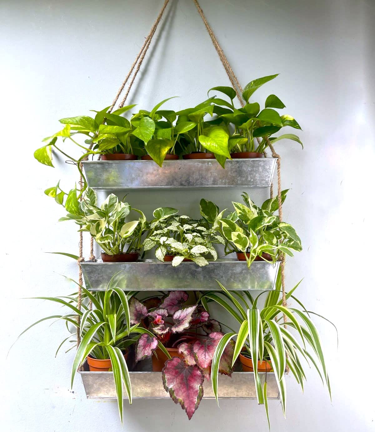 LaLaGreen Wall Hanging Planter - 16 Inch Indoor Wall Planters, 3 Tier Succulent Planters, Metal Silver Window Herb Garden Rectangle Hanging Vertical Plant Pot