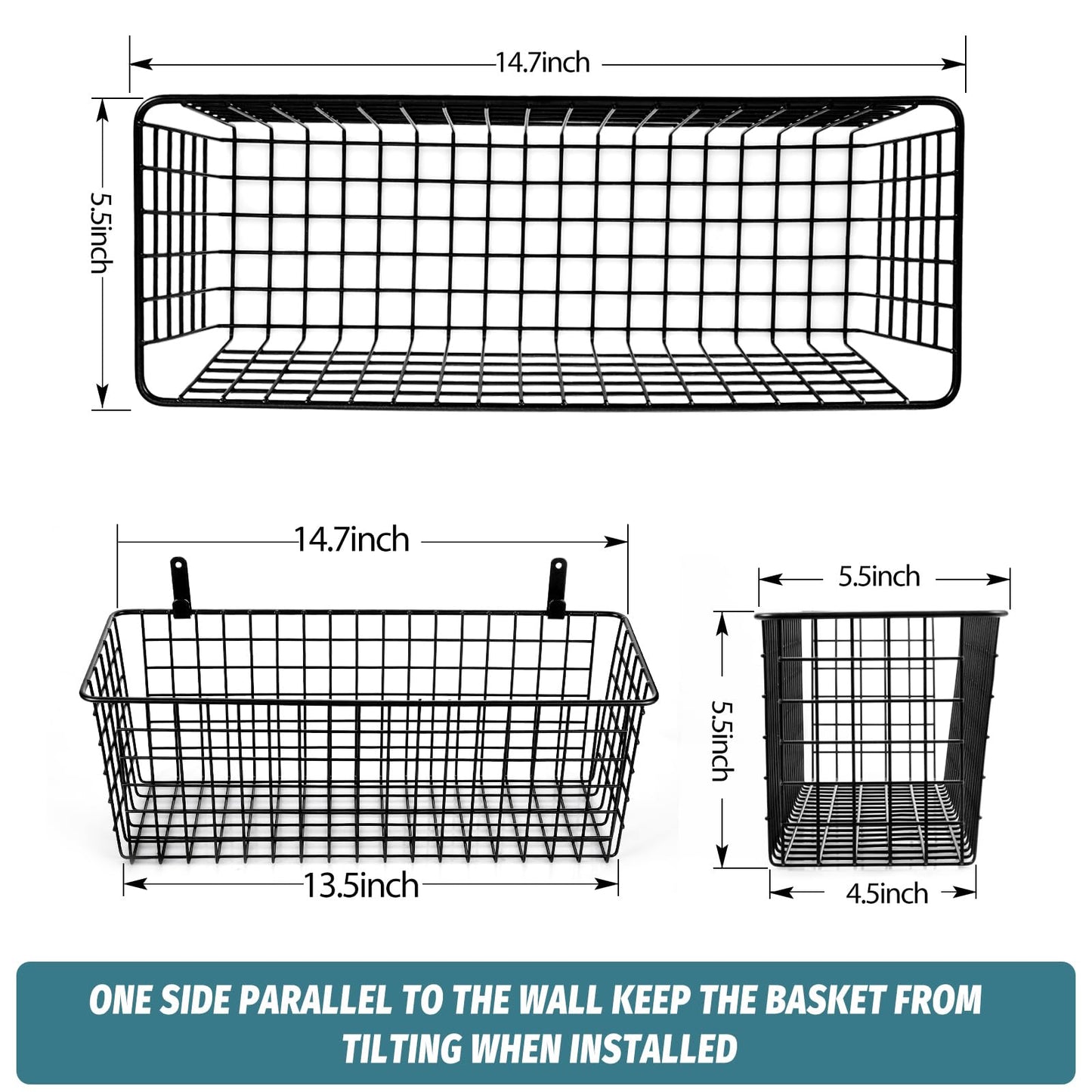 4 Set [EXTRA LARGE] Hanging Wall Mount Storage Baskets with Adhesive Hooks & Steel Hooks, Multiuse Sturdy Wire Metal Organizing Baskets for Home Kitchen Bathroom Pantry Utility Organizer, Black