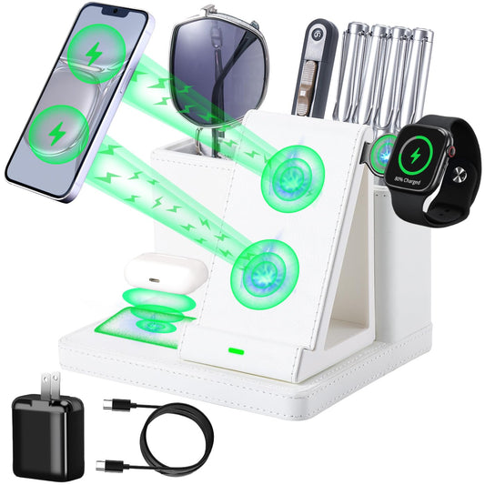 LADSTAG Leather Desk accessories Pen Holder with 3-in-1 Wireless Charger for Phone, Earbuds, Watch Multifunctional Desktop Phone Stand for Office and Home,birthday gifts,gifts for him (white)